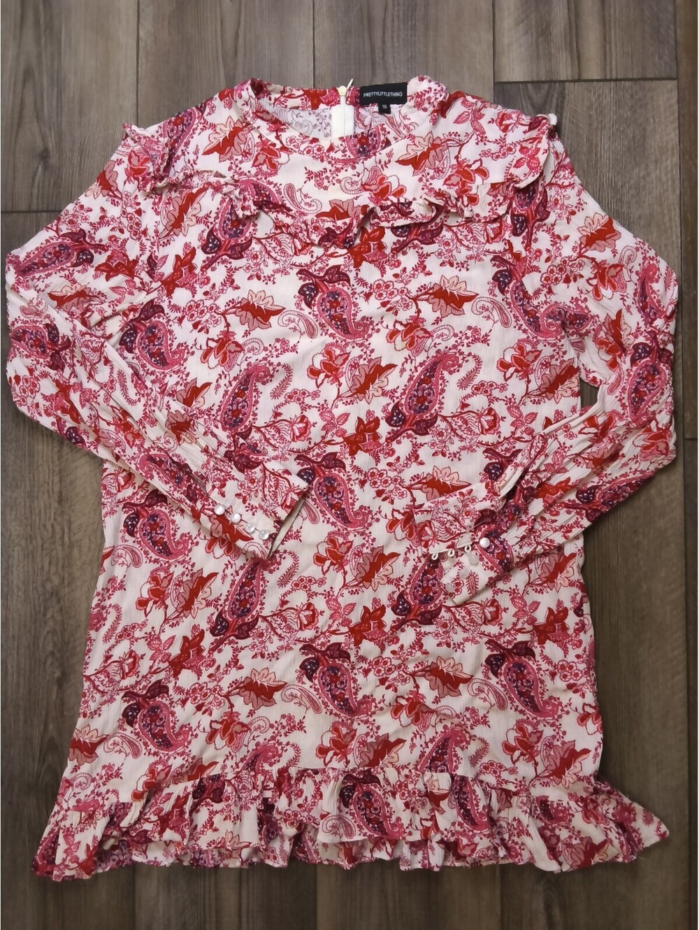 PrettyLittleThing Red Paisley Boho Floral Ruffle Long Sleeve Mini Dress Sz 10